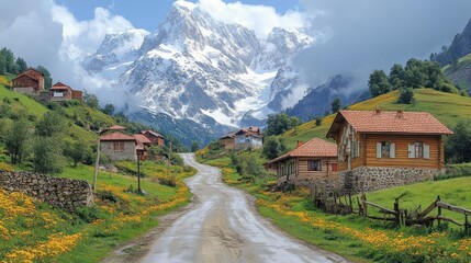 Obraz premium Scenic mountain landscape with houses and a winding road surrounded by greenery and flowers.