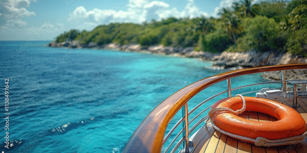Poster a life preserver floating on the deck of a cruise ship, ready for use in an emergency