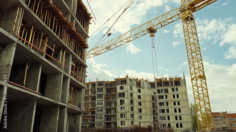 Poster a construction site with a crane lifting materials and a building under construction in the backgrou