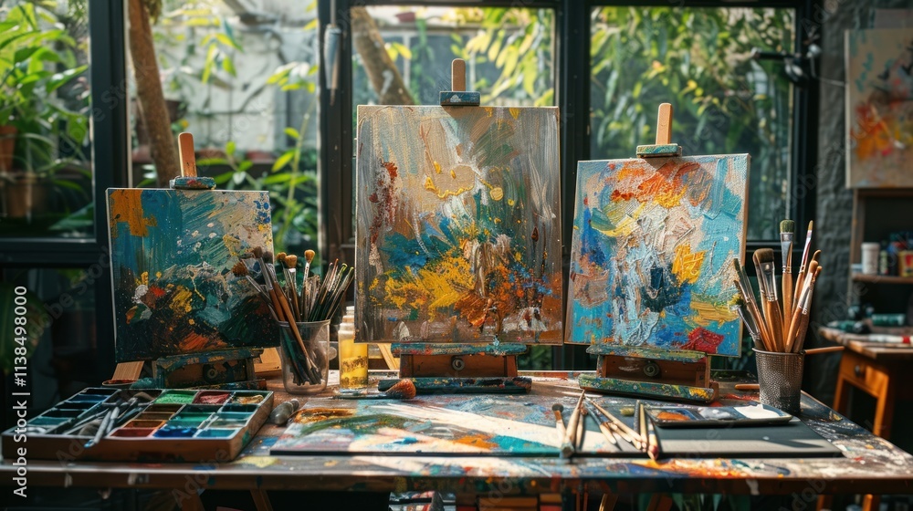 Poster three abstract paintings on easels in an art studio.
