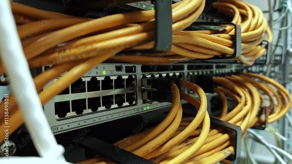 Poster data center flickering light indicators for massive data connection bandwidth. close up.