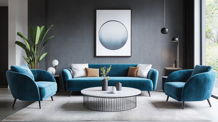  A stylish living room showcasing blue couches and a coffee table, designed for comfort and relaxation.