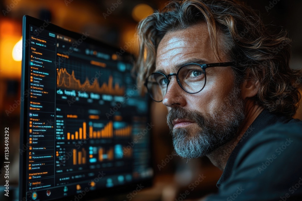Poster a person with glasses concentrating on a computer screen