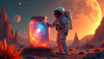 Astronaut with Jar Containing Cosmic Energy, Sci-Fi Christmas Concept