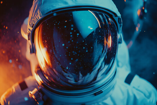 A man in a red space suit with a helmet on. The helmet is orange and has a black visor