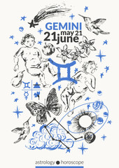 Hand drawn gemini zodiac sign illustration, horoscope background with astrology symbols and talismans.