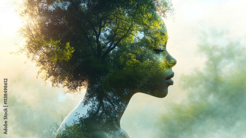 Poster a double exposure image of a profile with a forest merging into the silhouette.