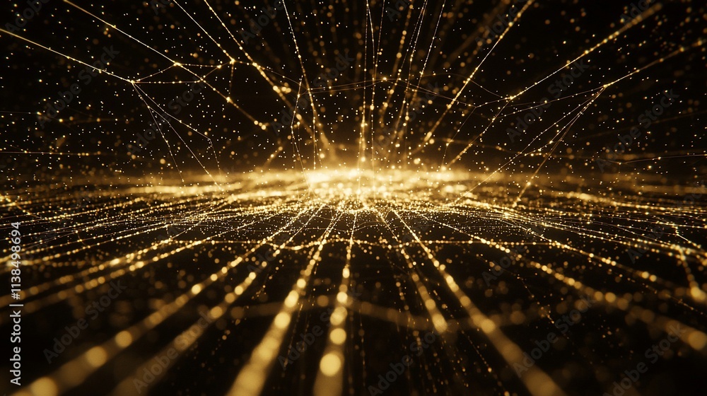 Poster abstract gold particle network glowing in dark.