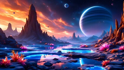 Obraz premium Celestial Twilight: Bioluminescent Flora and Twin Moons Over an Alien World