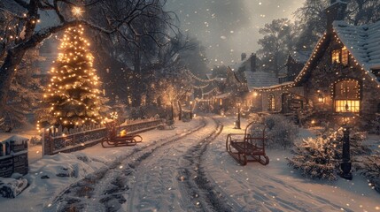 Fototapeta premium Snowy Christmas village street scene with illuminated tree and sleighs.