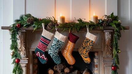 Four knitted Christmas stockings hang from a rustic fireplace mantel decorated with greenery and candles.