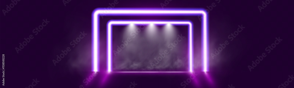 Poster futuristic minimal purple neon light hexagon frame background template with glowing lines on dark tr