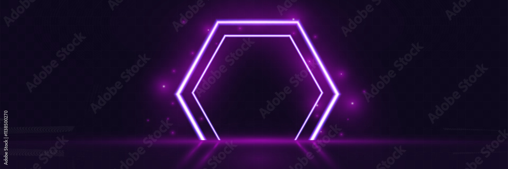Poster futuristic minimal purple neon light hexagon frame background template with glowing lines on dark tr