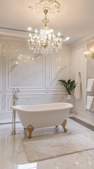 Luxurious Modern Bathroom with Elegant Freestanding Bathtub, Crystal Chandelier, and Sleek Marble Walls in a Bright and Airy Atmosphere