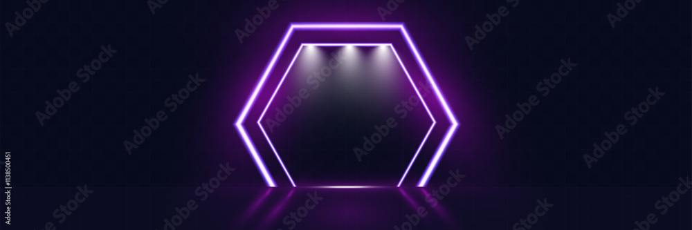 Poster futuristic minimal purple neon light hexagon frame background template with glowing lines on dark tr