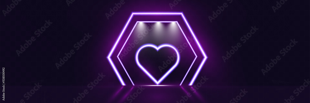 Poster futuristic minimal purple neon light hexagon frame background template with glowing lines on dark tr