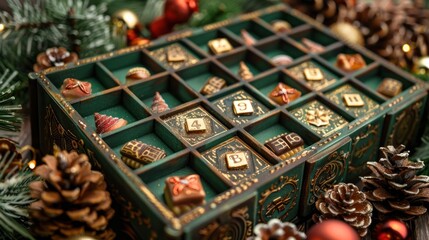 Antique-style wooden box filled with assorted Christmas chocolates, surrounded by festive decorations.