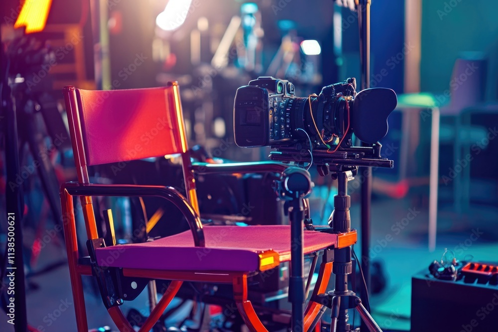 Poster a single red chair sits in front of a camera, ready for use