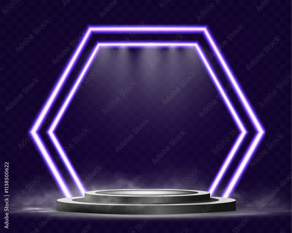 Poster futuristic minimal purple neon light hexagon frame background template with glowing lines on dark tr