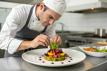 A chef meticulously garnishes a vibrant dish, showcasing culinary artistry in a modern kitchen.