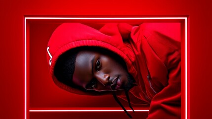 Red Light, Red Hood:  A young man in a red hoodie stares intensely into the camera, framed by a bright white neon square.  The stark red background creates a dramatic and moody atmosphere.