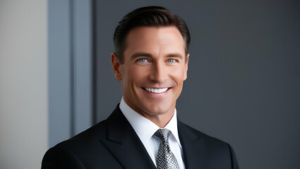 handsome businessman in formal wear smiling and looking at camera, Generative AI