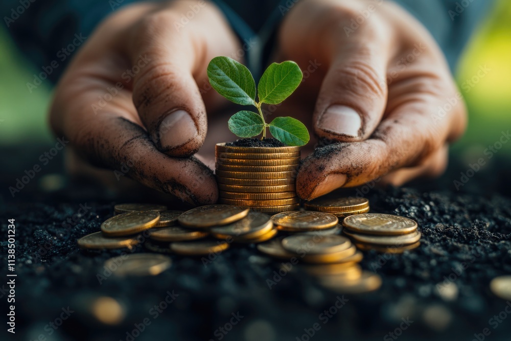 Poster a person holds a pile of coins in their hand, with a focused expression