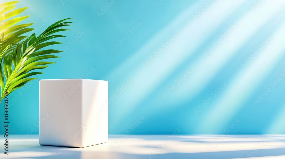 Poster a minimalist display scene with a white cube and green palm leaf under soft light.