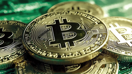 Gold coins with digital background showcasing cryptocurrency