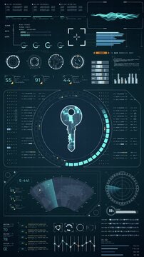 Motion graphic of Blue security key with head up display (HUD UI) and circuit panel futuristic abstract background network firewall technology and data secure vertical video concepts