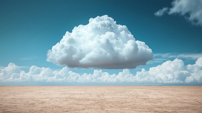 A large fluffy cloud floating above a dry landscape under a clear blue sky, symbolizing simplicity, nature, and the contrast between the sky and earth