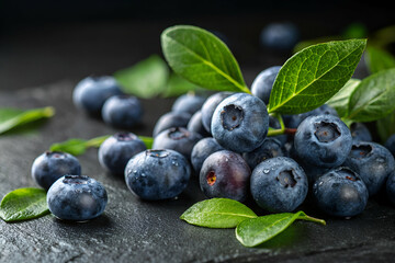 Fresh blueberries with green leaves on a dark surface, showcasing their vibrant color and texture.