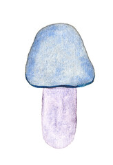 Watercolor blue mushroom art with textured cap and stem on white background for nature and botany designs.