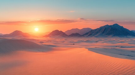 Obraz premium Serene desert landscape at sunset, showcasing dunes and mountains under a colorful sky.