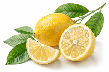 Fresh lemons with vibrant yellow skin, sliced to reveal juicy segments, accompanied by green leaves, create a refreshing and bright natural display.