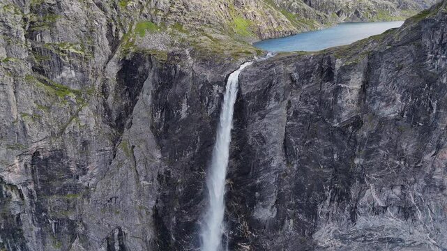 Aerial shot of Mardalsfossen in Norway. Big waterfall in Norway. 4K.