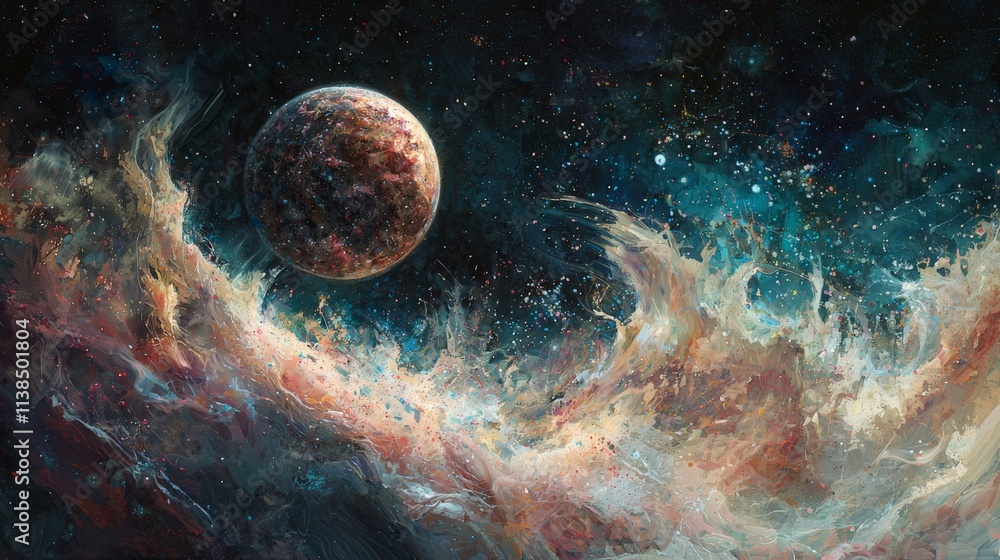 Fototapete Deep space abstract cosmic event of a pulsating orb disintegrating into particle waves in digital art