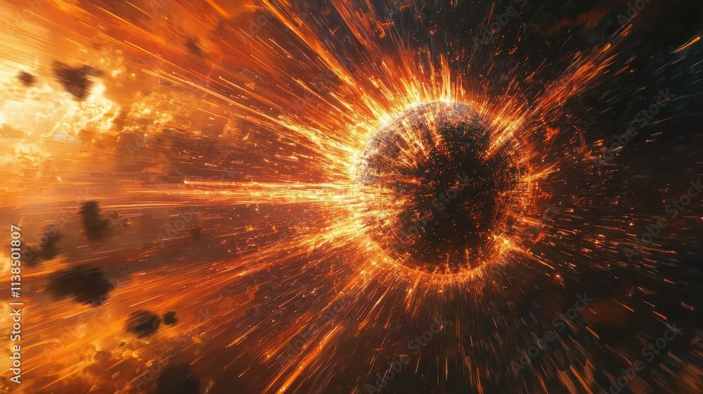 Aufkleber Explosive particle disintegration of a celestial orb cosmic space digital art galactic environment dynamic perspective