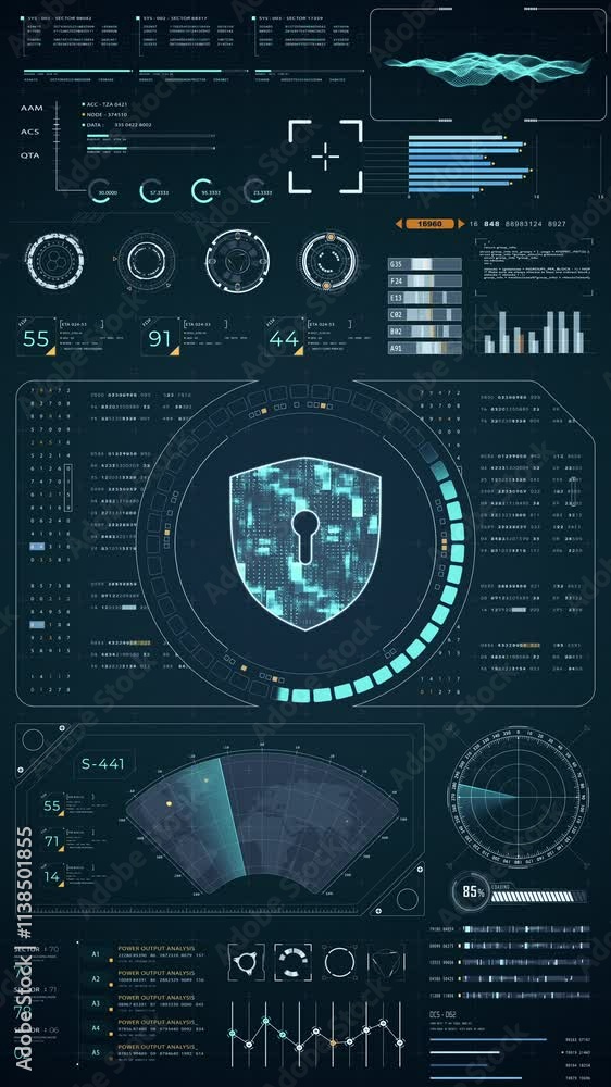 Poster motion graphic of blue security shield with head up display (hud ui) and circuit panel futuristic ab