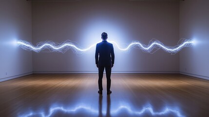 Fototapeta premium A businessman standing in a room with glowing energy waves, representing innovation, leadership, and the symbolic power of AI technology and progress