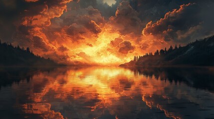 Naklejka premium Lake transformation fire waves erupting at sunset tranquil landscape nature photography dramatic atmosphere