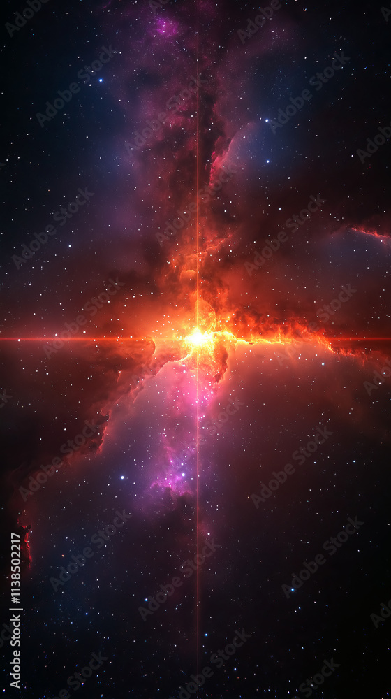 Poster bright cosmic explosion glowing red light galaxy space abstract energy vertical format supernova bur