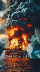 Dramatic Nighttime Scene of Catastrophic Oil Rig Explosion with Intense Flames and Dark Smoke Billowing into the Sky Over the Ocean Waters