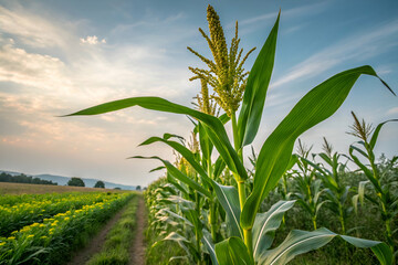Obraz premium A vibrant cornfield under a cloudy sky, showcasing tall green plants and a serene agricultural landscape.