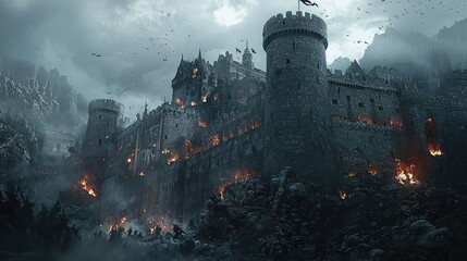 Fototapeta premium Dramatic Fantasy Landscape Featuring an Ancient Castle Surrounded by Smoke, Flames, and Shadowy Figures in a Dark Enchanted Forest at Dusk