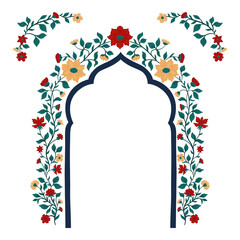 Mughal decorative arch ornamental floral. Vintage intricate traditional mughal style with flowers and foliage.