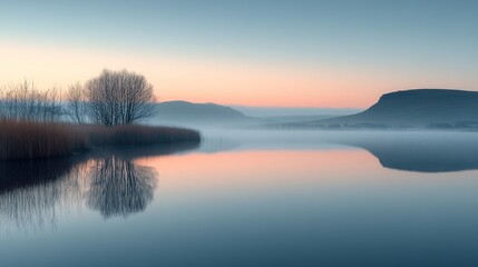 Fototapeta premium Serene lake at dawn with mist, reflecting trees and mountains in calm waters.