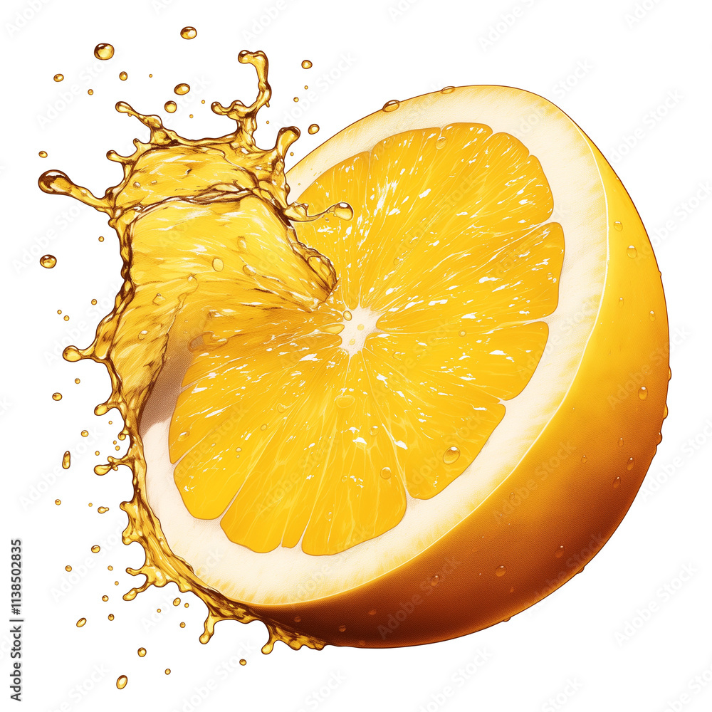 Poster vibrant yellow citrus fruit slice with dynamic splash of juice, isolated on transparency background,