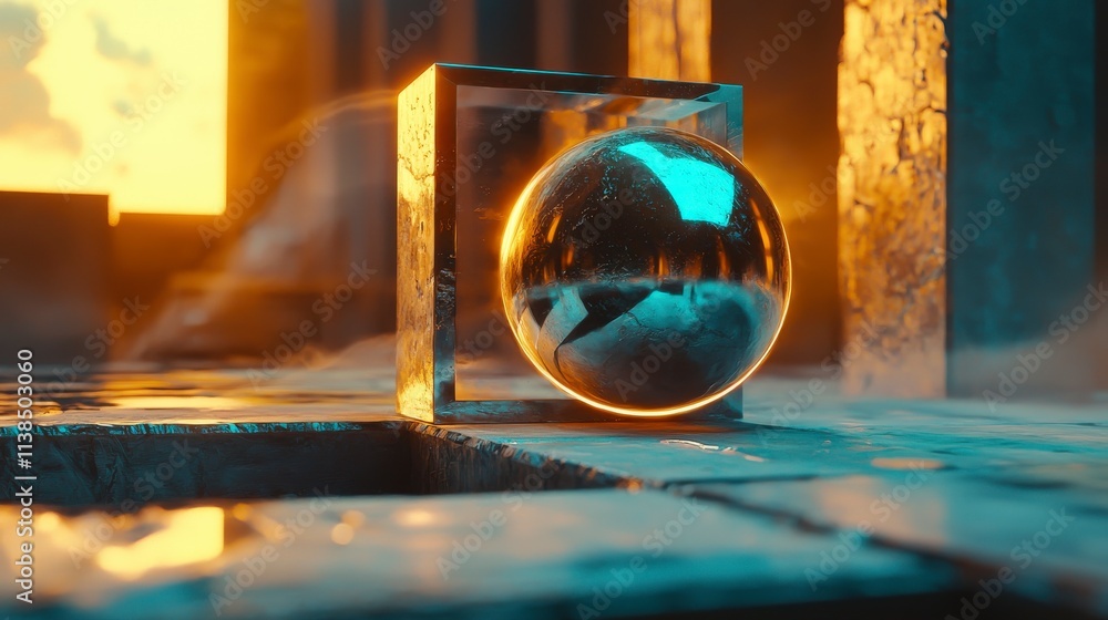Poster surreal cube and sphere fusion digital art abstract environment vibrant colors stunning viewpoint co