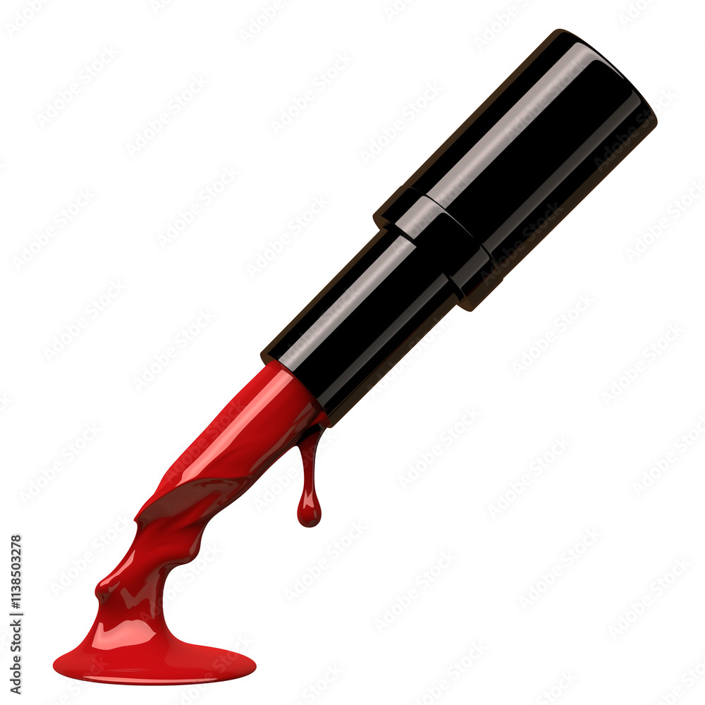 Poster red liquid lipstick with glossy finish appears to be melting, creating dynamic and artistic effect a